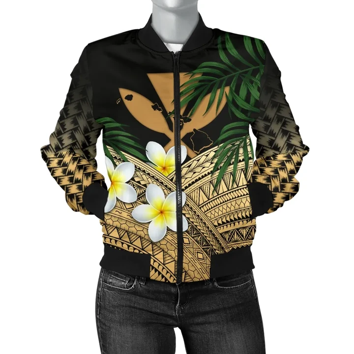 Kanaka Maoli (Hawaiian) Women's Bomber Jacket, Polynesian Plumeria Banana Leaves Gold | Love The World