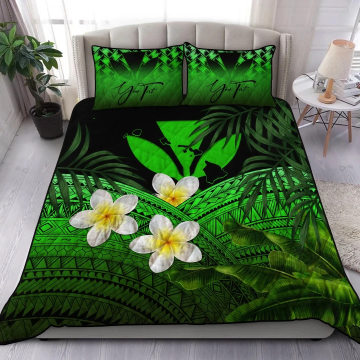 (Custom) Kanaka Maoli (Hawaiian) Quilt Bed Set, Polynesian Plumeria Banana Leaves Green Personal Signature A02