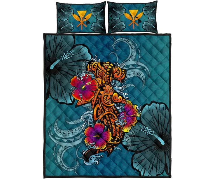 Kanaka Maoli (Hawaiian) Quilt Bed Set - Polynesian Hammerhead Shark Hibiscus | Love The World