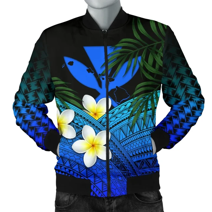 Kanaka Maoli (Hawaiian) Men's Bomber Jacket, Polynesian Plumeria Banana Leaves Blue | Love The World