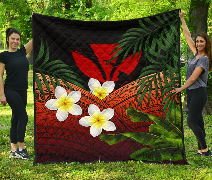 Kanaka Maoli (Hawaiian) Premium Quilt, Polynesian Plumeria Banana Leaves Red | Love The World