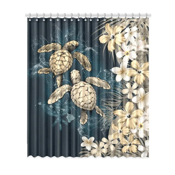 Kanaka Maoli (Hawaiian) Window Curtain - Sea Turtle Tropical Hibiscus And Plumeria Gold| Love The World