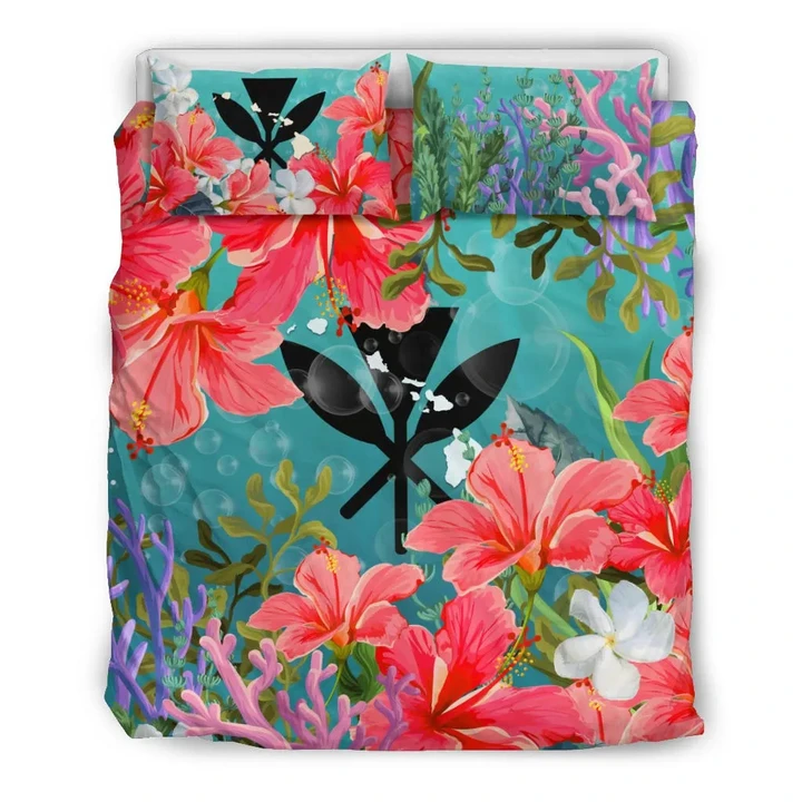 Kanaka Maoli (Hawaiian) Bedding Set - Coat Of Arms Hibiscus And Seaweed | Love The World