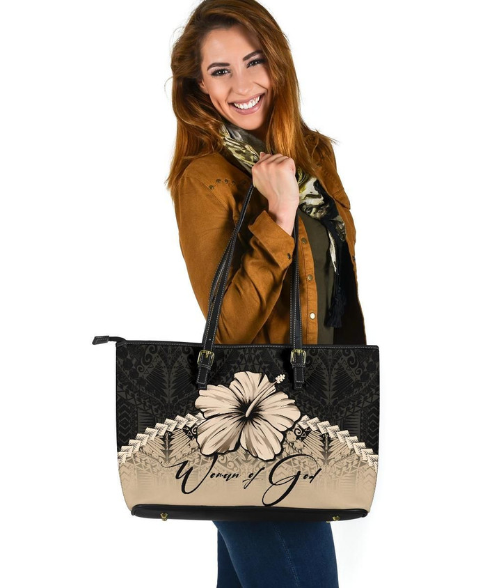 (Custom) Polynesian Woman of God Leather Tote Bag Hibiscus Personal Signature A02