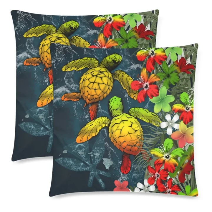 Kanaka Maoli (Hawaiian) Pillow Cases - Sea Turtle Tropical Hibiscus And Plumeria Blue | Love The World