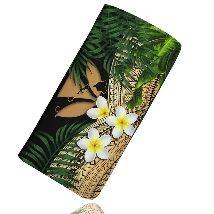 Kanaka Maoli (Hawaiian) Womens Wallet, Polynesian Plumeria Banana Leaves Gold A02