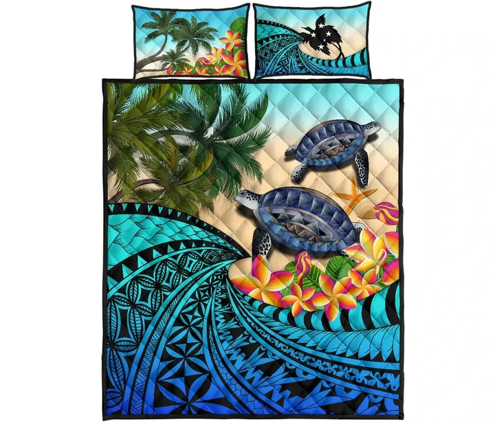 Papua New Guinea Quilt Bed Set - Polynesian Turtle Coconut Tree And Plumeria | Love The World