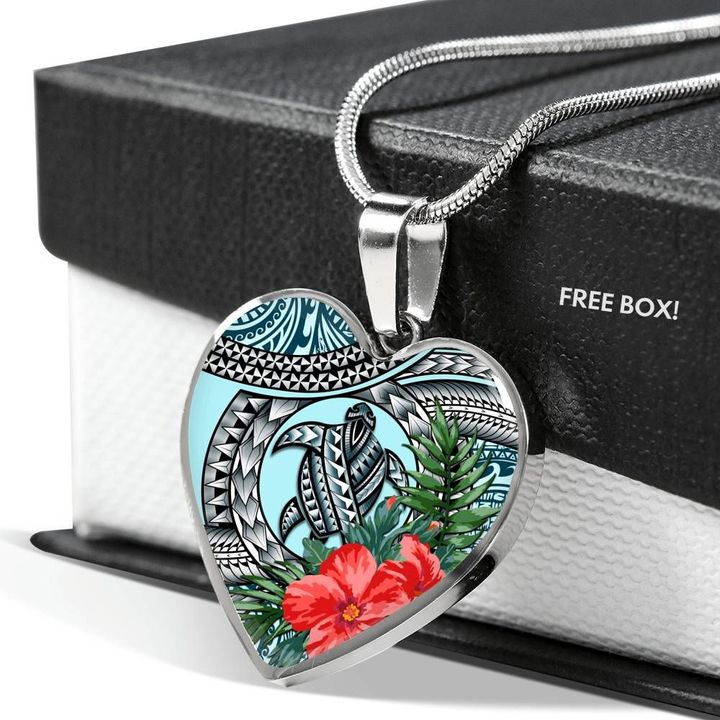 Hawaii Heart Shaped Necklace - Polynesian Turtle Hibiscus Blue | Love The World