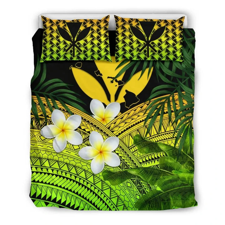 Kanaka Maoli (Hawaiian) Bedding Set, Polynesian Plumeria Banana Leaves Yellow | Love The World