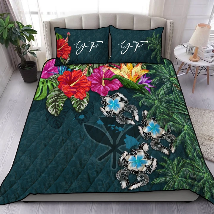 (Custom) Kanaka Maoli (Hawaiian) Quilt Bed Set - Hibiscus Turtle Tattoo Blue Personal Signature A02