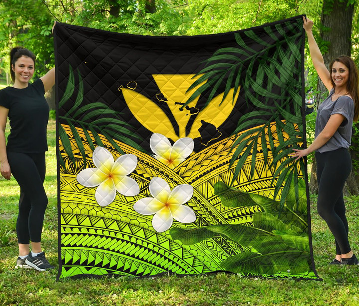 Kanaka Maoli (Hawaiian) Premium Quilt, Polynesian Plumeria Banana Leaves Yellow | Love The World