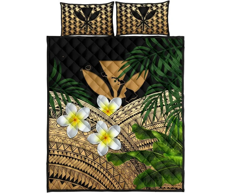 Kanaka Maoli (Hawaiian) Quilt Bed Set, Polynesian Plumeria Banana Leaves Gold | Love The World