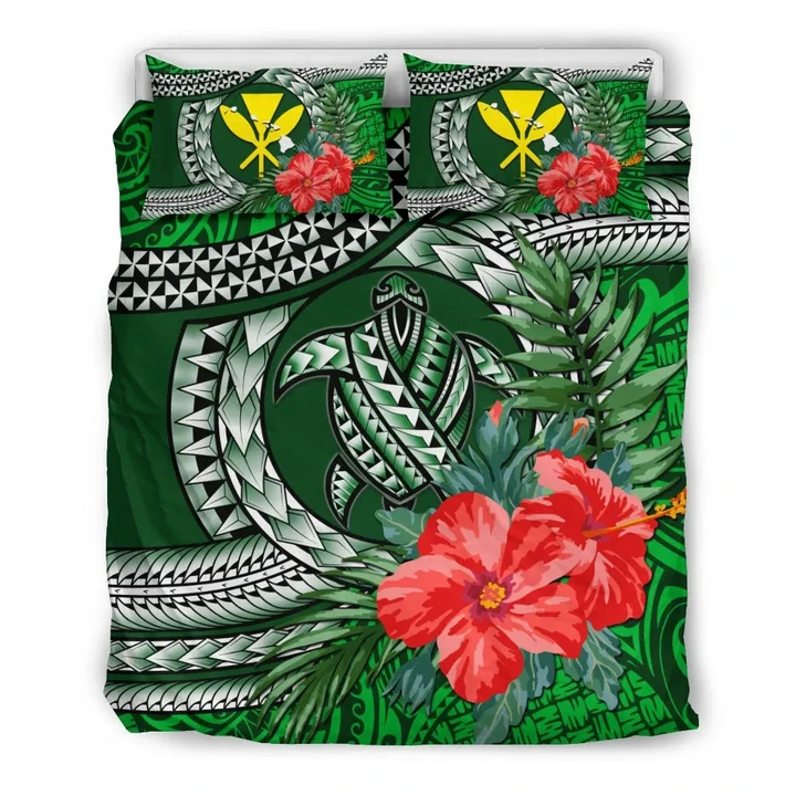Kanaka Maoli (Hawaiian) Bedding Set - Polynesian Turtle Hibiscus Green | Love The World