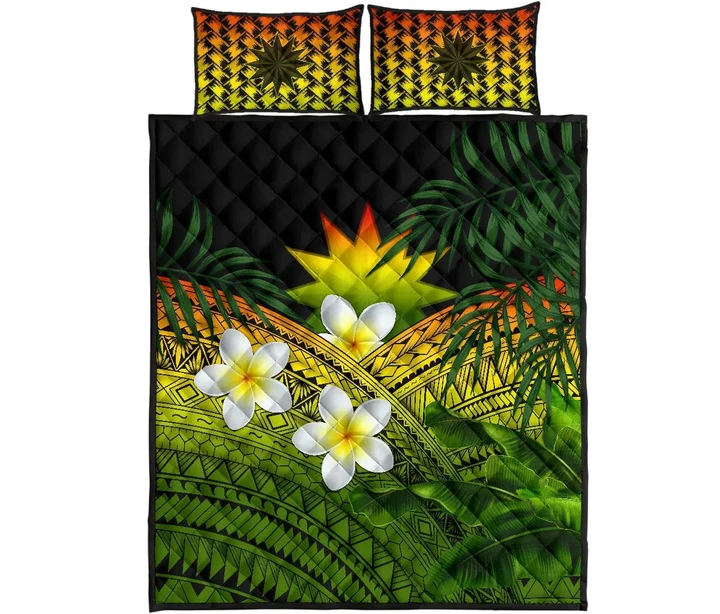 Nauru Quilt Bed Set, Polynesian Plumeria Banana Leaves Reggae | Love The World
