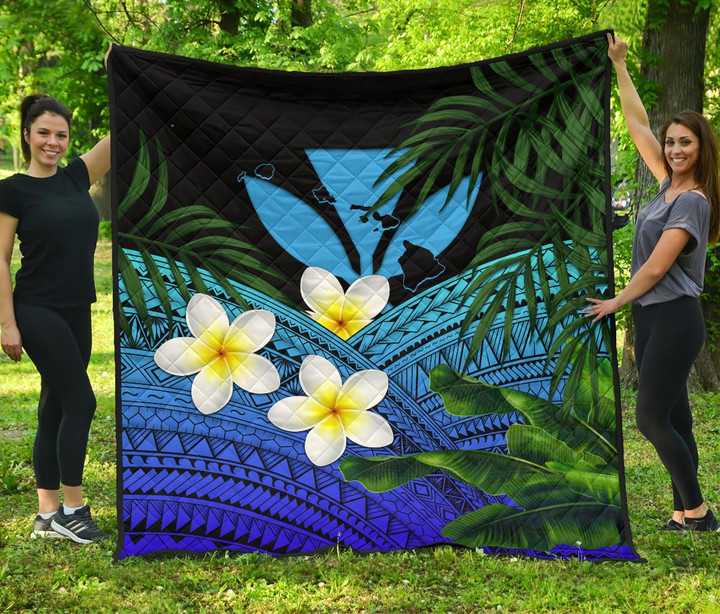 Kanaka Maoli (Hawaiian) Premium Quilt, Polynesian Plumeria Banana Leaves Blue | Love The World