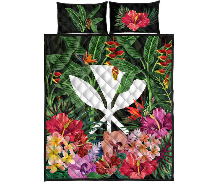 Kanaka Maoli ( Hawaiian) Quilt Bed Set - Coat Of Arms Tropical Flowers And Banana Leaves  | Love The World