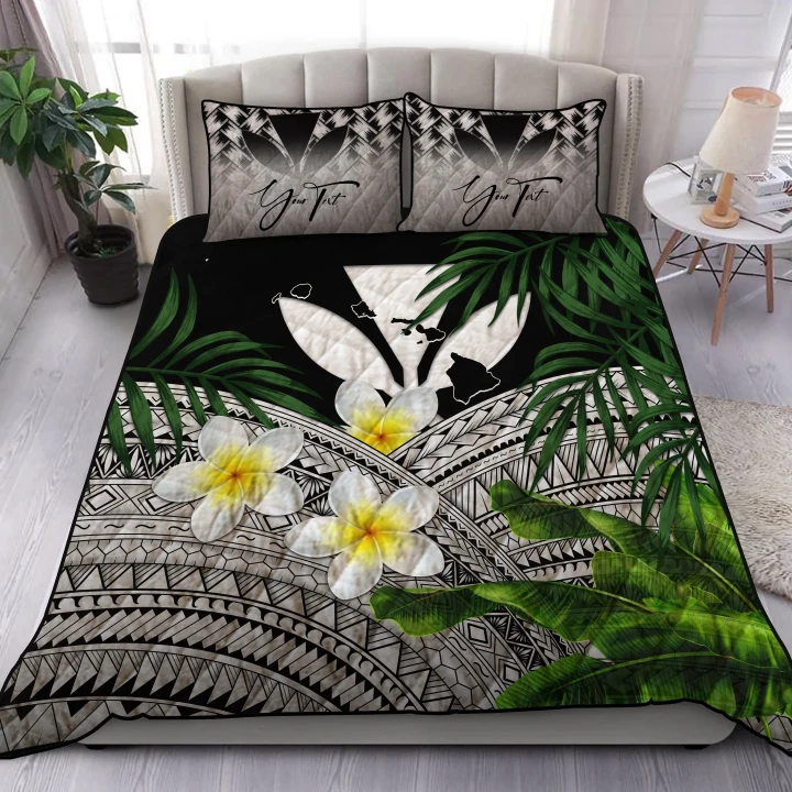 (Custom) Kanaka Maoli (Hawaiian) Quilt Bed Set, Polynesian Plumeria Banana Leaves Gray Personal Signature A02