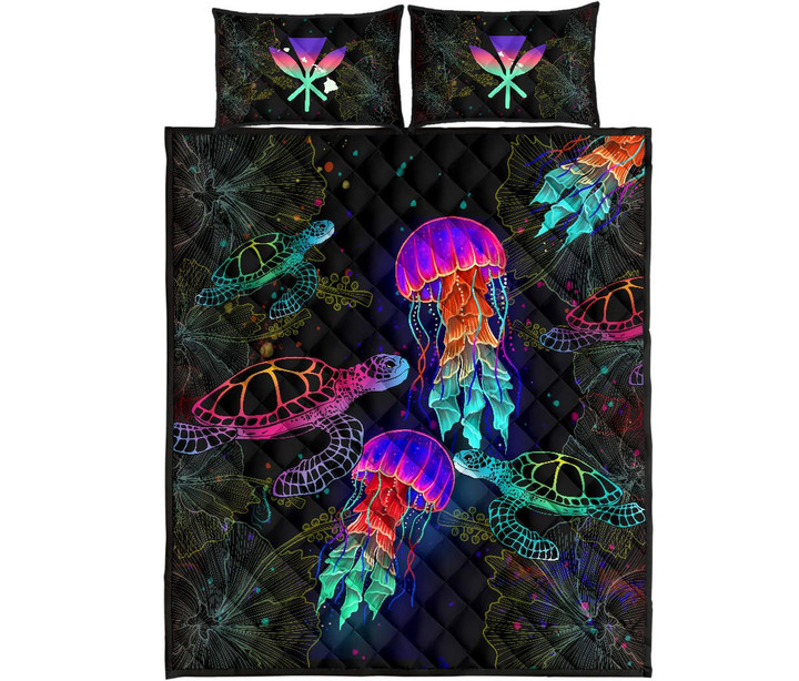 Kanaka Maoli (Hawaiian) Quilt Bed Set - Turtle And Jellyfish Colorful | Love The World