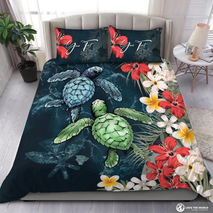 (Custom) Kanaka Maoli (Hawaiian) Bedding Set - Sea Turtle Tropical Hibiscus And Plumeria Personal Signature A24