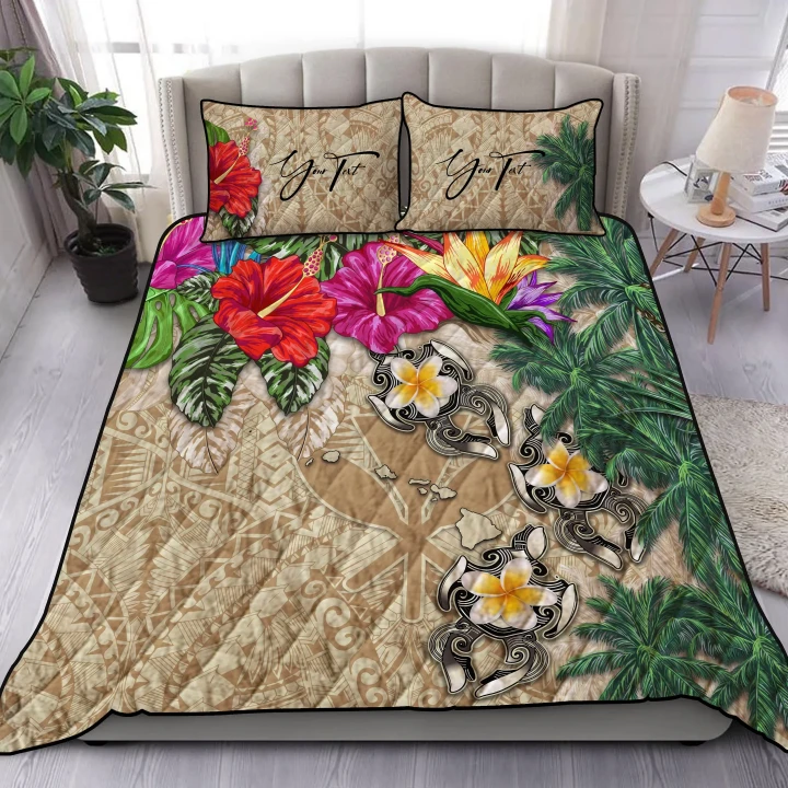 (Custom) Kanaka Maoli (Hawaiian) Quilt Bed Set - Hibiscus Turtle Tattoo Beige Personal Signature A02