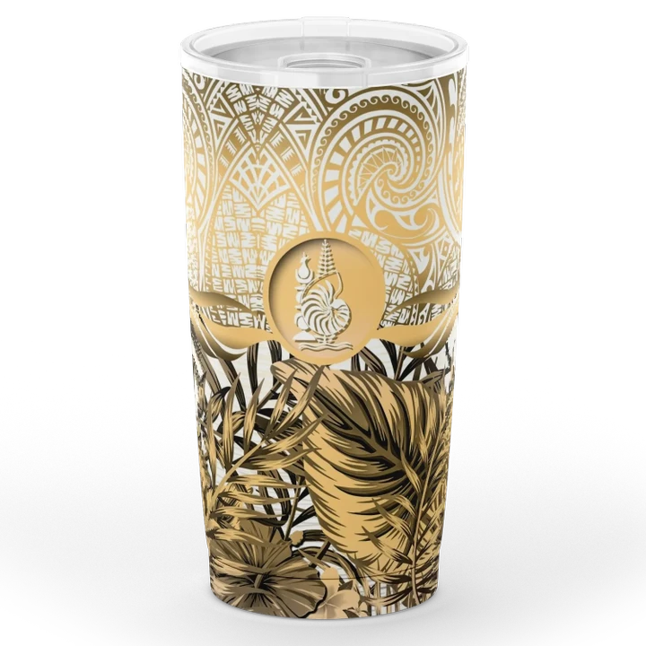 New Caledonia Tumbler, Polynesian Palm Leaves Hibiscus Plumeria Flowers (Moccasin) A18