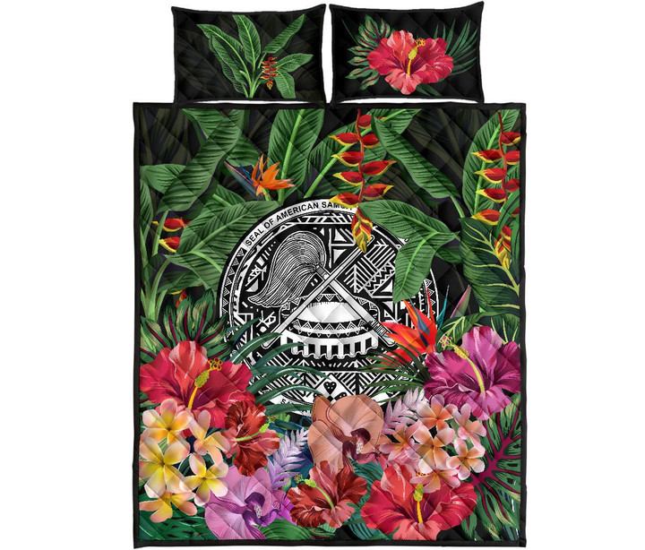 American Samoa Quilt Bed Set - Coat Of Arms Tropical Flowers And Banana Leaves | Love The World