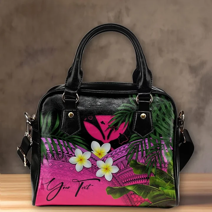 (Custom) Kanaka Maoli (Hawaiian) Shoulder Handbag, Polynesian Plumeria Banana Leaves Pink Personal Signature A02