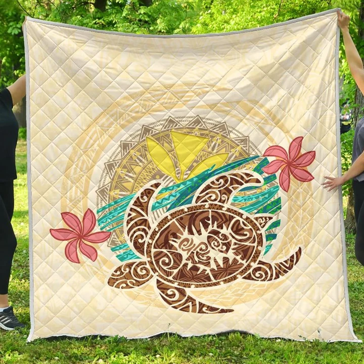 Kanaka Maoli (Hawaii) Premium Quilt - Turtle Polynesian Flower Tattoo Beige A10
