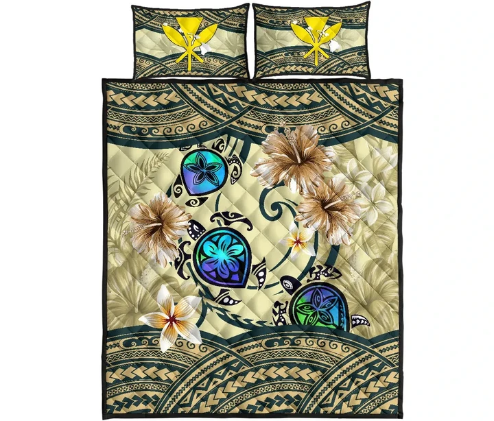Kanaka Maoli (Hawaiian) Quilt Bed Set - Polynesian Turtle Hibiscus Beige A24