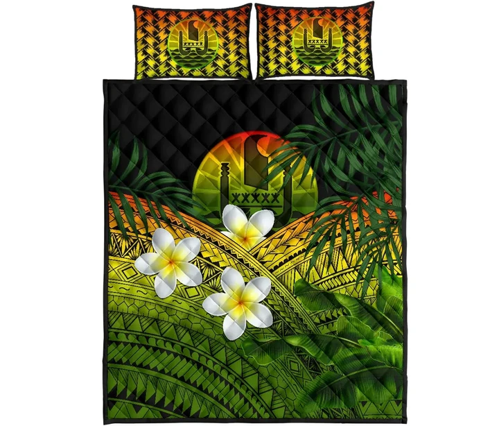 Tahiti Quilt Bed Set, Polynesian Plumeria Banana Leaves Reggae | Love The World