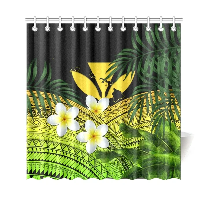 Kanaka Maoli (Hawaiian) Shower Curtain, Polynesian Plumeria Banana Leaves Yellow | Love The World