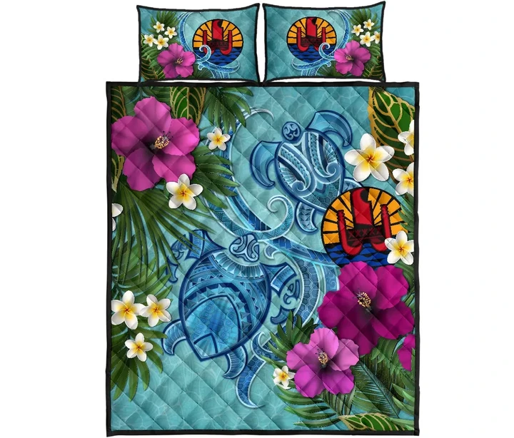 Tahiti Quilt Bed Set - Polynesian Turtle Hibiscus And Plumeria | Love The World