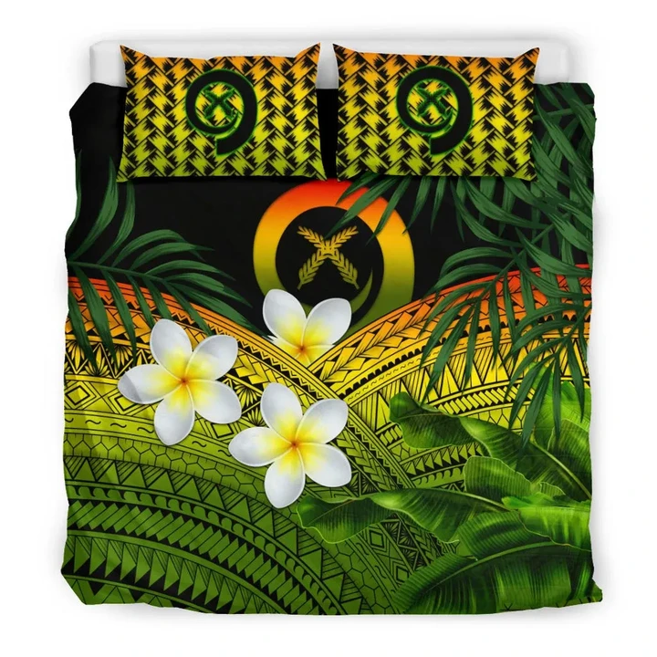 Vanuatu Bedding Set, Polynesian Plumeria Banana Leaves Reggae | Love The World