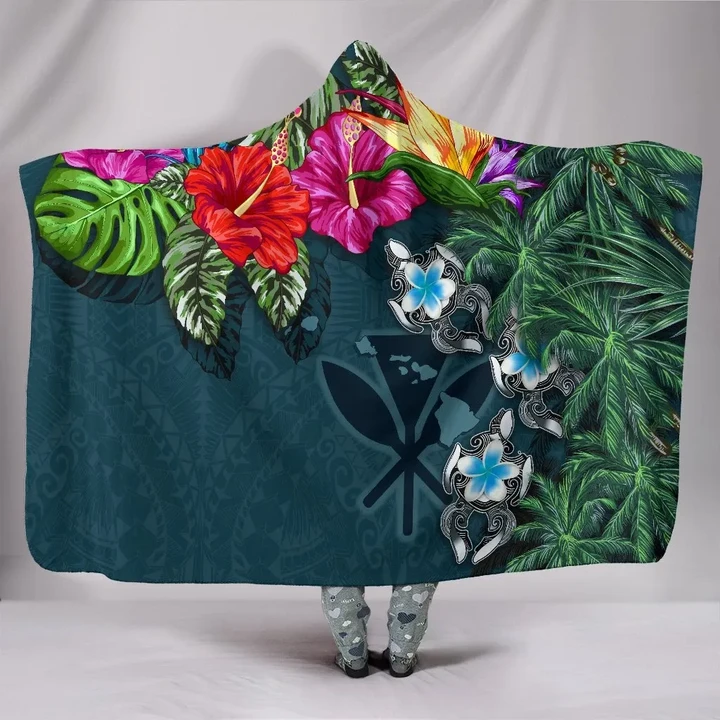 Kanaka Maoli (Hawaiian) Hooded Blanket - Hibiscus Turtle Tattoo Blue A02
