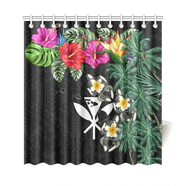 Kanaka Maoli (Hawaiian) Shower Curtain - Hibiscus Turtle Tattoo Black A02