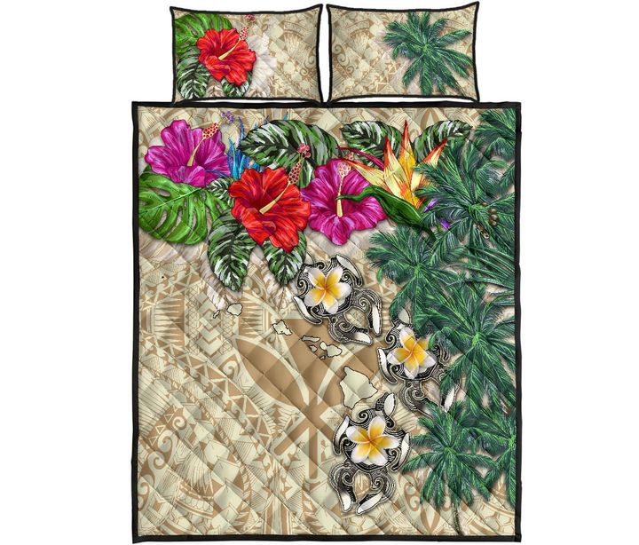 Kanaka Maoli (Hawaiian) Quilt Bed Set - Hibiscus Turtle Tattoo Beige A02
