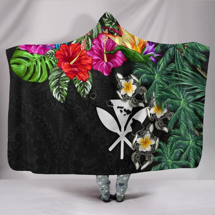 Kanaka Maoli (Hawaiian) Hooded Blanket - Hibiscus Turtle Tattoo Black A02