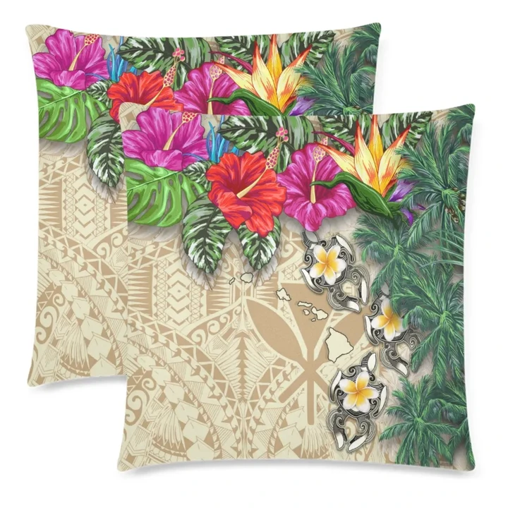 Kanaka Maoli (Hawaiian) Pillow Cases - Hibiscus Turtle Tattoo Beige A02