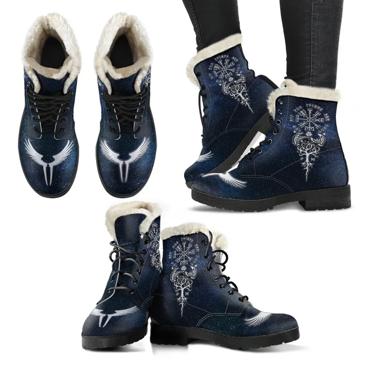 Viking Vegvisir - Faux Fur Leather Boots | Men & Women | Shoes