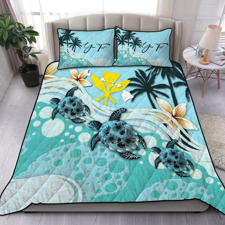 (Custom) Kanaka Maoli (Hawaiian) Quilt Bed Set - Blue Turtle Hibiscus Personal Signature A24