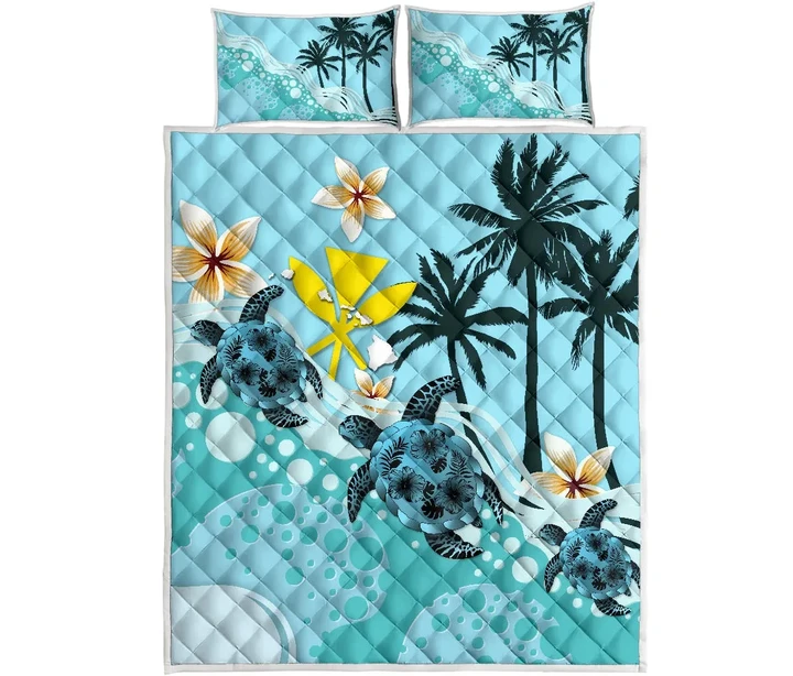 Kanaka Maoli (Hawaiian) Quilt Bed Set - Blue Turtle Hibiscus A24