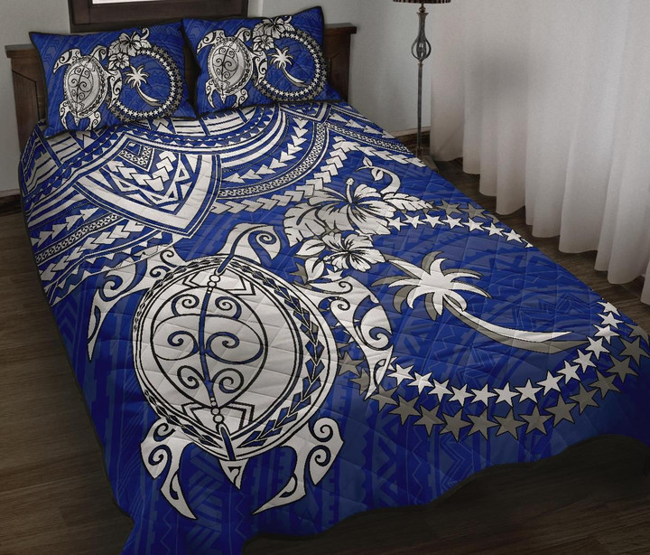 Chuuk Polynesian Quilt Bed Set - White Turtle (Blue)