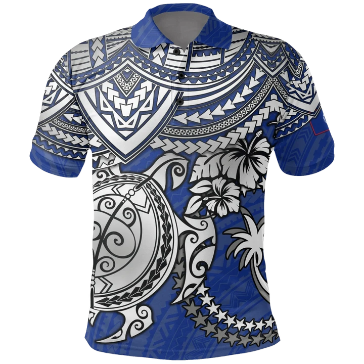 Chuuk Polynesian Polo Shirt  - White Turtle (Blue)