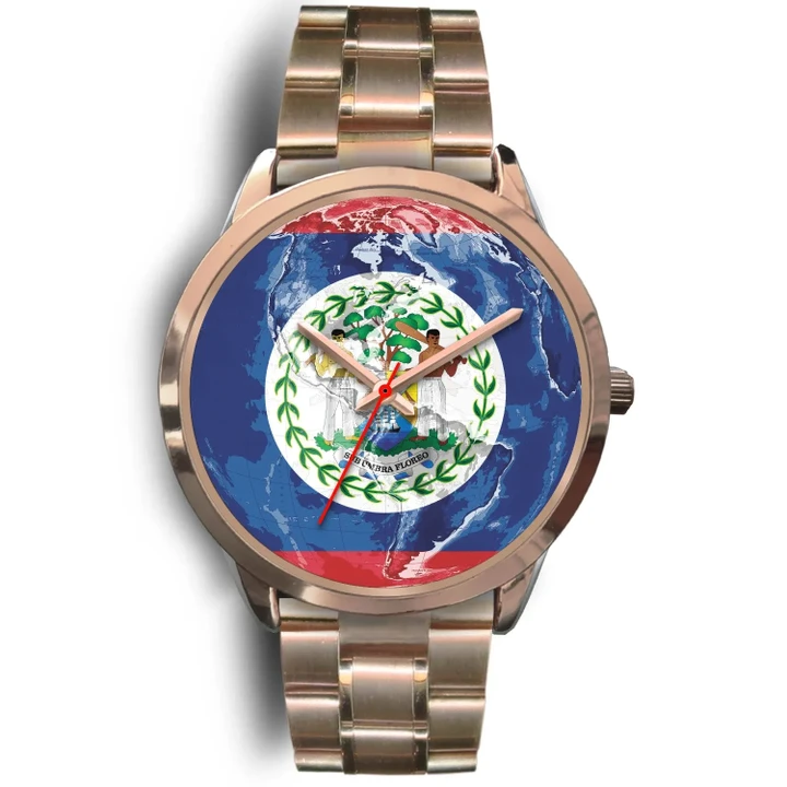 World Map With Flag Belize Rose Gold Watch K4