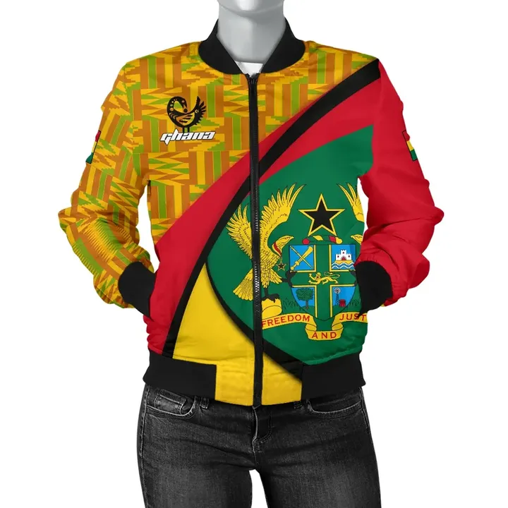 Ghana Bomber Jacket, Ghana Coat Of Arms Pattern Women A10