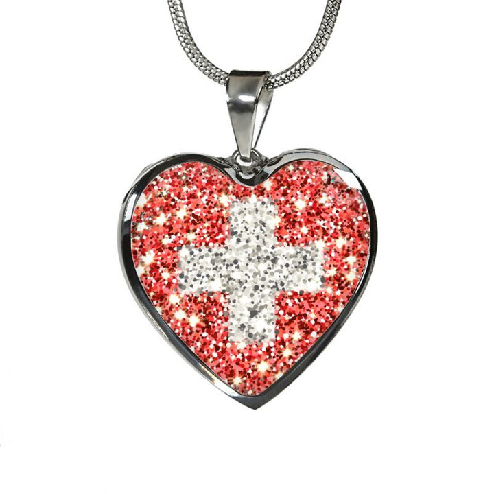 Switzerland  Flag Sparkling Heart-Shaped  ( Necklace/Bangle) A1