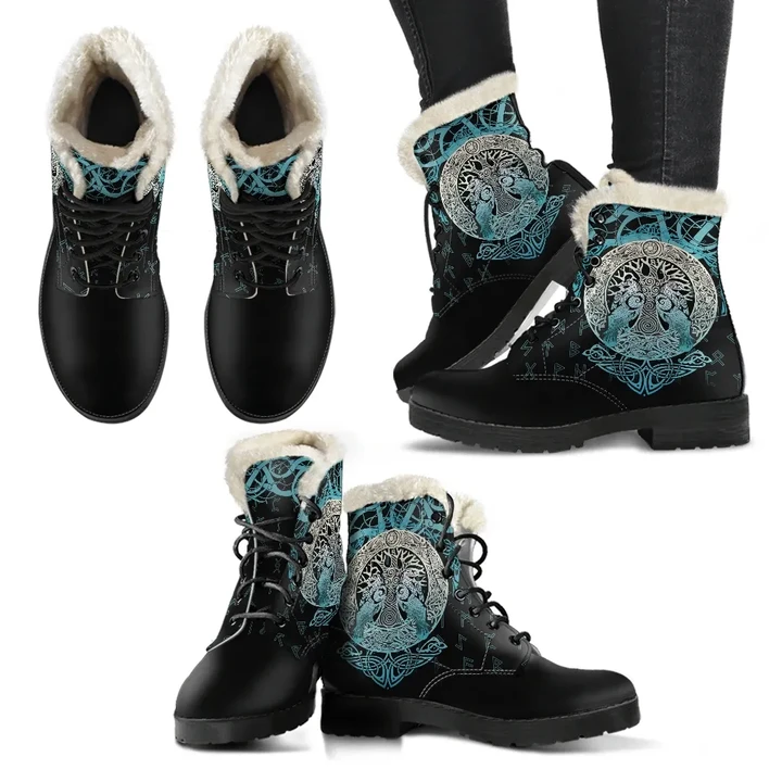 Viking Faux Fur Leather Boots Yggdrasil and Ravens A7