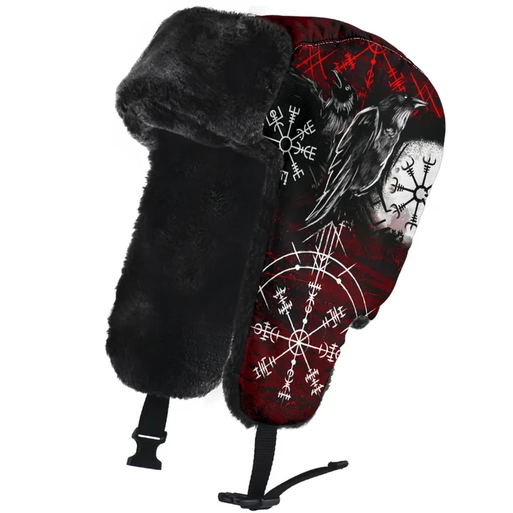 Vikings Trapper Hat - Raven of Odin and Symbol Viking on Blood Background A27