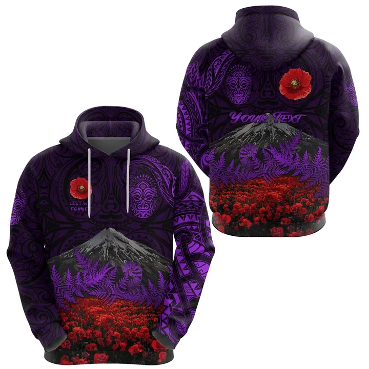 (Custom Personalised) Warriors Rugby Hoodie New Zealand Mount Taranaki With Poppy Flowers Anzac Vibes Purple A7