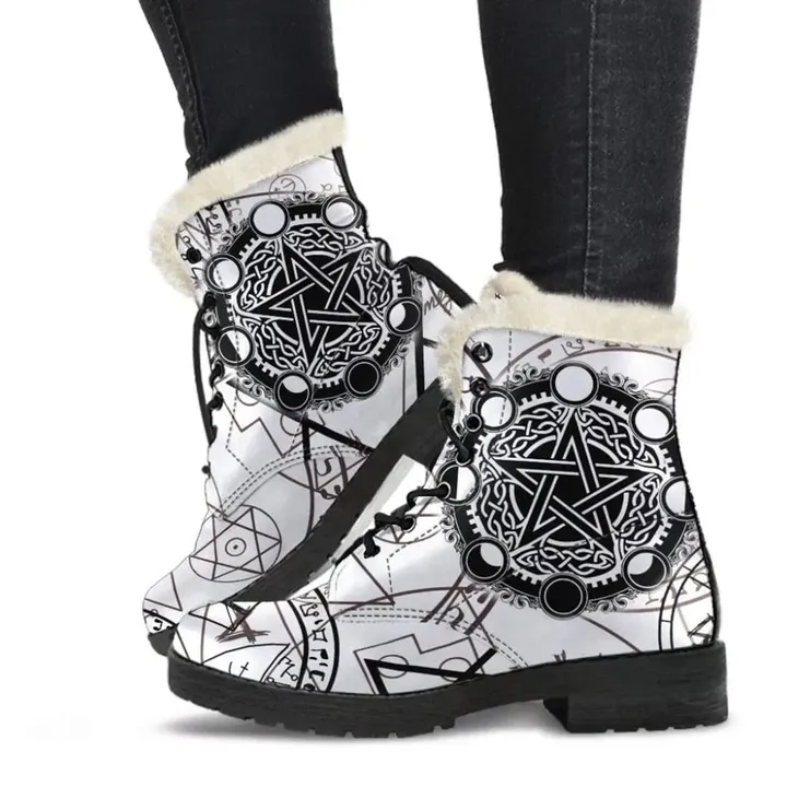 Celtic One Pentagram celtic wicca Faux Fur Leather Boots - BN23